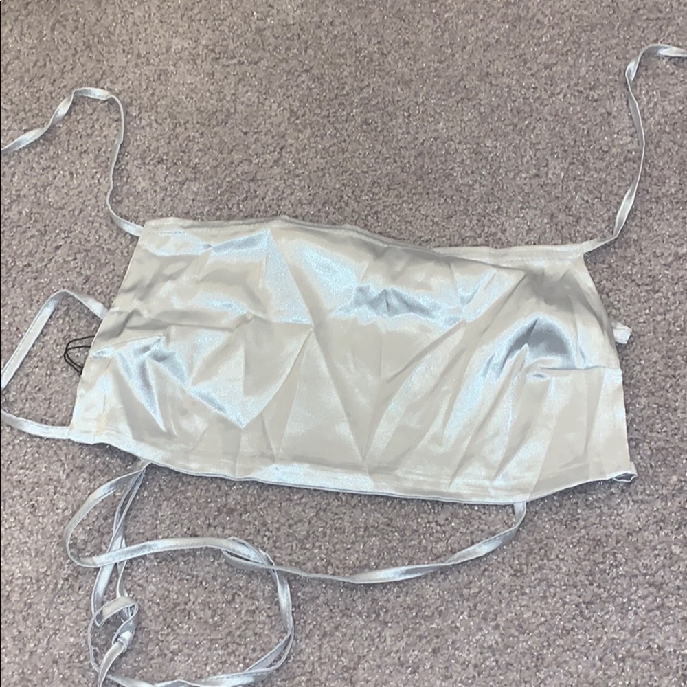 Metallic silver tie back crop top